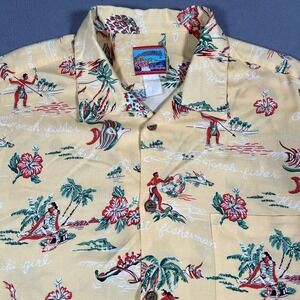 Joe Kealoha's Hawaiian‎ Camp Shirt Mens 2XL Yellow Fisherman Waikiki Girl Floral